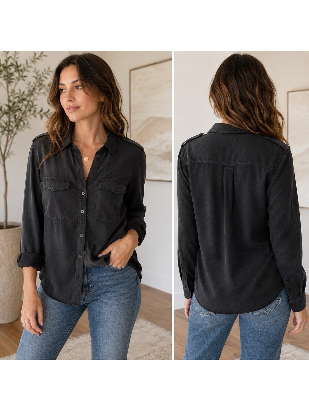 Bella Dahl Black Utility Button Down Shirt Size S Tencel Lyocell Military Soft